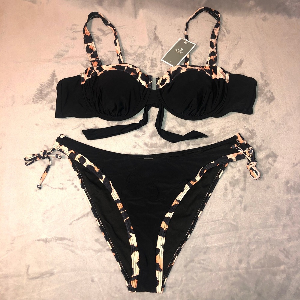 Eomenie Womens Swimsuit 2XL Bikini Set Black Leopard Underwire Side Tie 2 Pc NWT